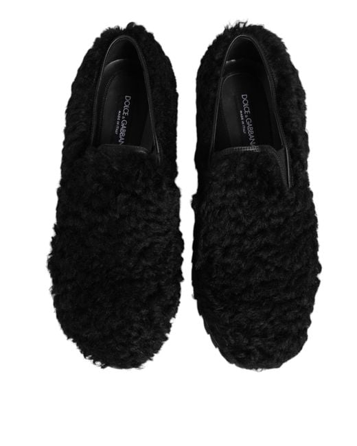 Dolce & Gabbana Dress Black Fur Leather Slippers Men Shoes for men
