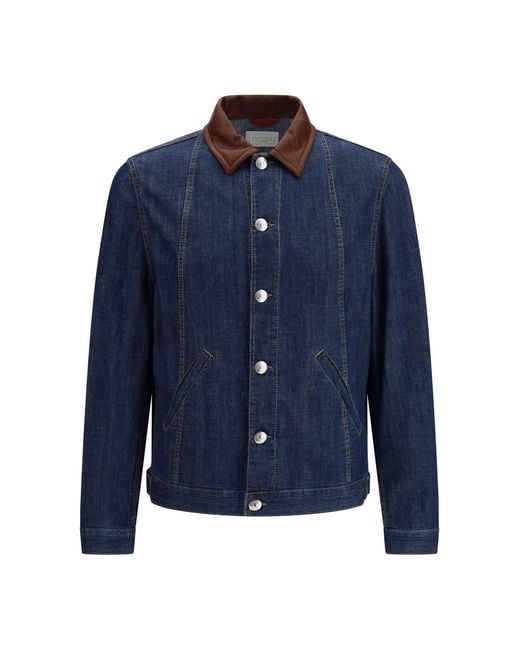Brunello Cucinelli Blue Denim Jacket With Leather Collar for men