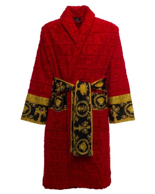 Versace Homes Red Terry Cotton Bathrobe With Baroque Detail
