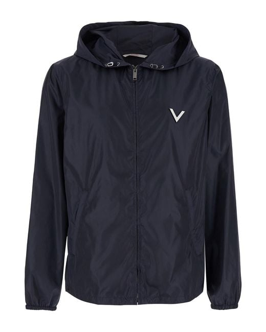 Valentino Blue Jacket With Vlogo Detail Polyamide Coat for men