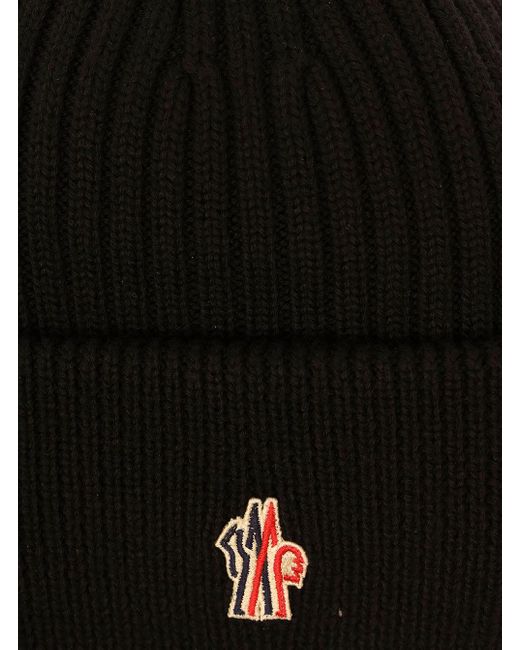 3 MONCLER GRENOBLE Black Ribbed Beanie With Logo Patch In Wool for men