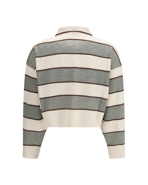 Brunello Cucinelli White Polo Crop Sparkling Stripes Knit Knitwear