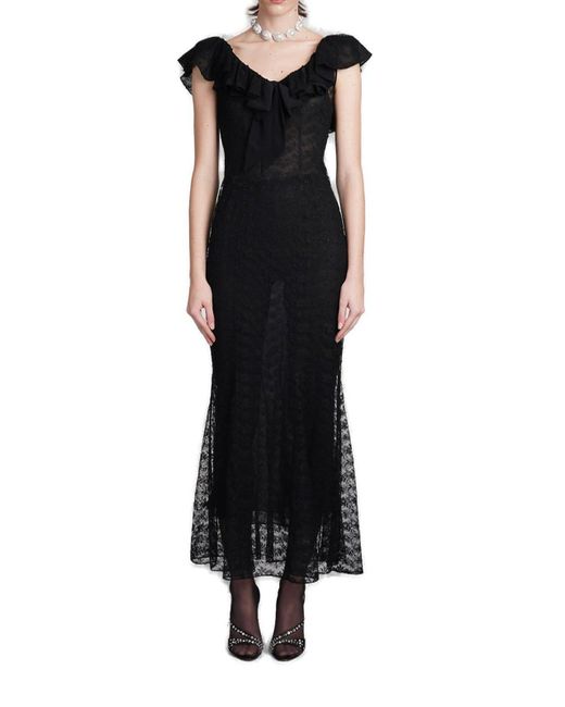 Alessandra Rich Black V-neck Ruffled Trim Maxi Dress