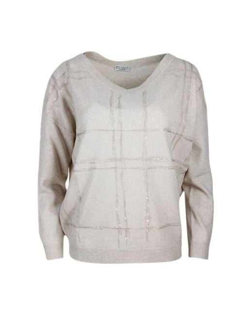 Brunello Cucinelli Gray Lightweight V-Neck Long-Sleeved Oversized Sweater With Window Motif Embellished With Micro-Sequins