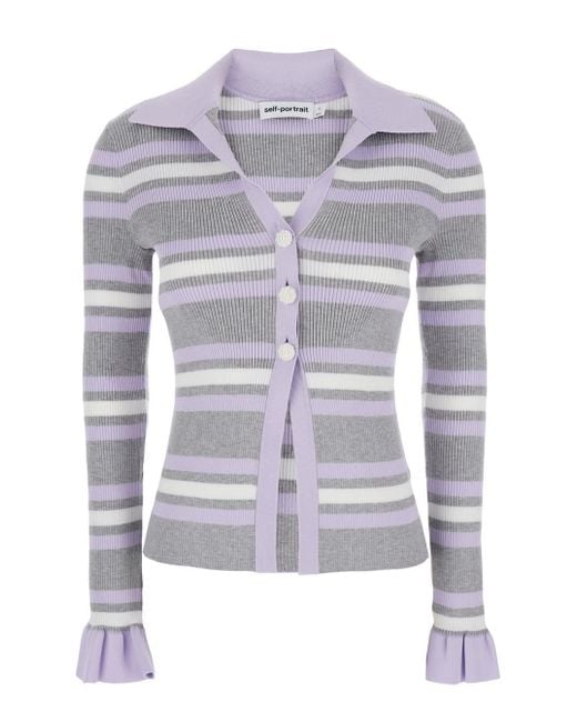 Self-Portrait Blue Cardigan With Spread Collar And All-Over Striped Mo