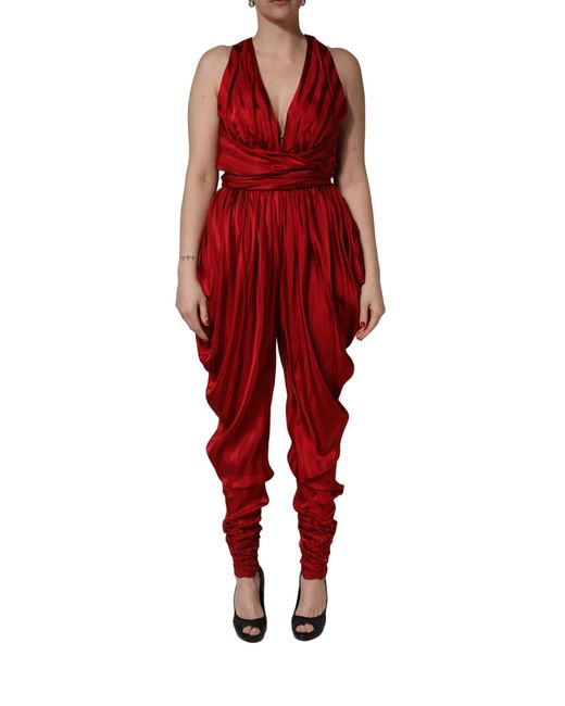 Dolce & Gabbana Red Plunging Halterneck Draped Jumpsuit Dress Viscose