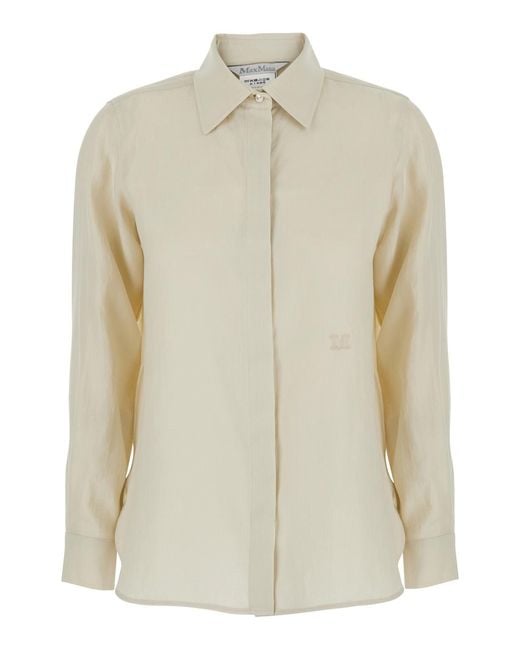 Max Mara White Long-Sleeved Linen Shirt Blouses