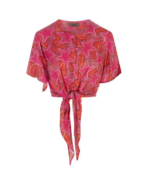 ALESSANDRO ENRIQUEZ Red Crop Shirt With Knot And Star Print