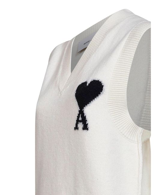AMI White Knit Vest Ami De Cœur Merino Wool Knitwear