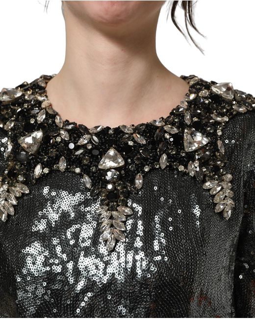 Dolce & Gabbana Black Metallic Gray Sequin Embellished Blouse Top