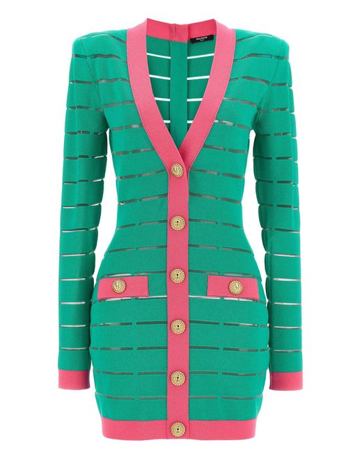 Balmain Green Two-Tone Knit Dress — Emerald