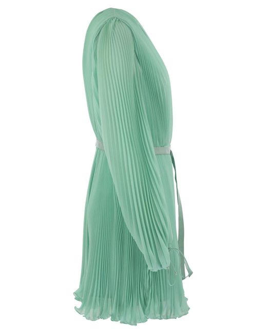 Max Mara Pianoforte Green V-Neck Pleated Mini Dress