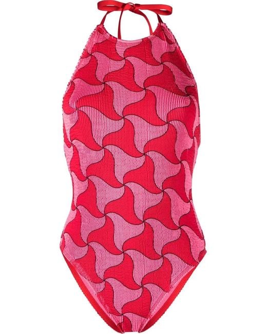 Bottega Veneta Red Crinkle Ghost Halterneck Swimsuit Clothing
