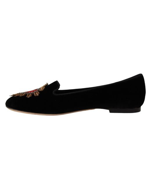 Dolce & Gabbana Black Velvet Dg Heart Loafers Flats Shoes