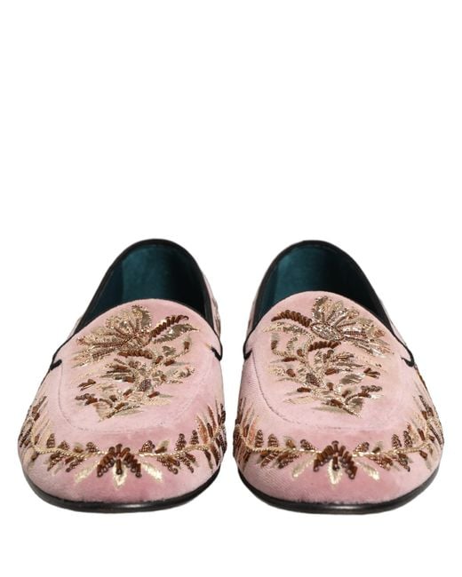 Dolce & Gabbana Pink Velvet Floral Embroidery Loafers Shoes Leather for men