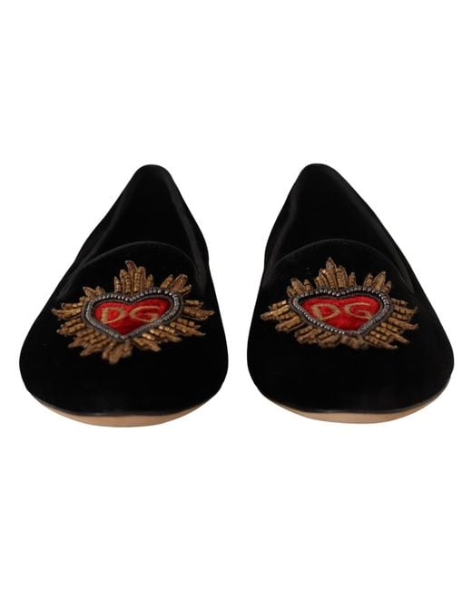 Dolce & Gabbana Black Velvet Dg Heart Loafers Flats Shoes