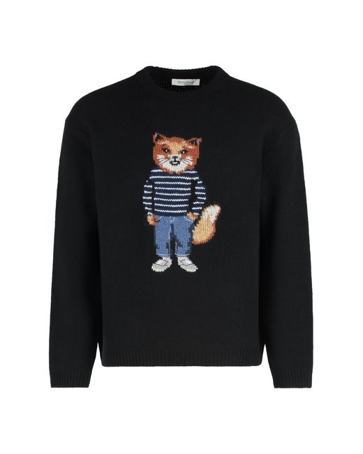 Maison Kitsuné Black Wool Sweater With Round Neck Sweatshirts for men