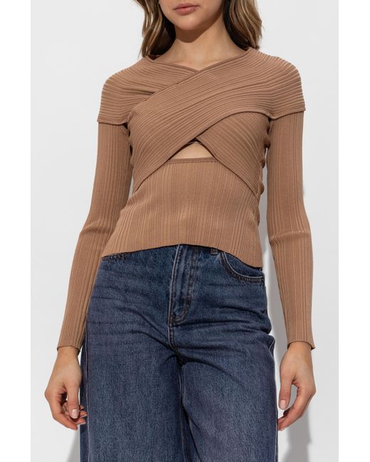 Self-Portrait Brown Ribbed Top With Long Sleeves