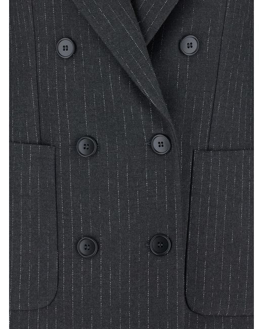 Le Plain Black Double-Breasted Jacket With Peak Revers And All-Over Striped Motif