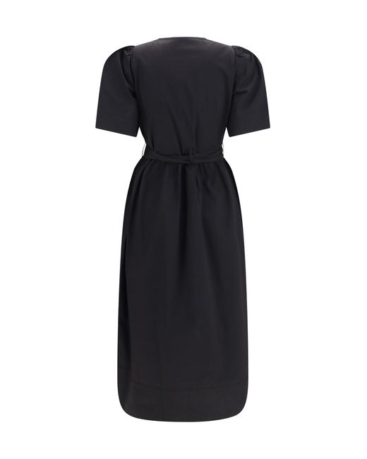 Ganni Black Midi Dress With Bows And Puff Shoulders Cotton; Elastane