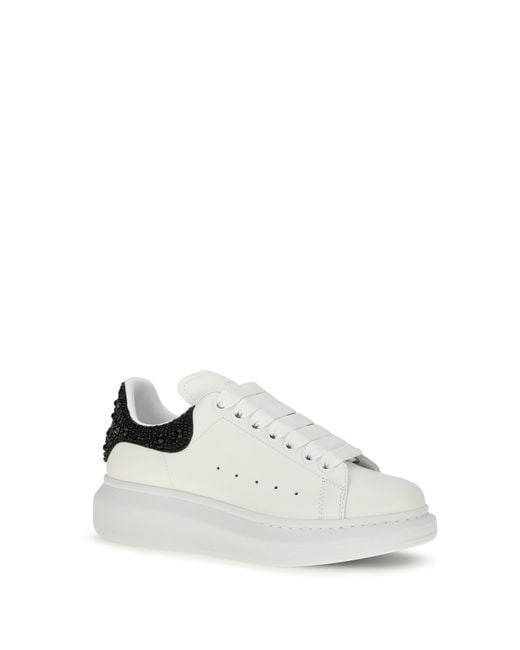 McQueen White Oversized Sneakers With Suede Heel And Crystal Details