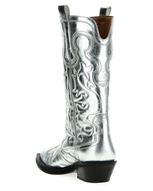 Ganni White Mid Shaft Embroidered Western Boots, Ankle Boots