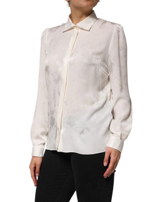Dolce & Gabbana Natural White Silk Long Sleeves Collared Shirt Top