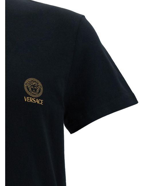 Versace Black Crewneck T-shirt With Medusa Logo Print In Stretch Cotton for men