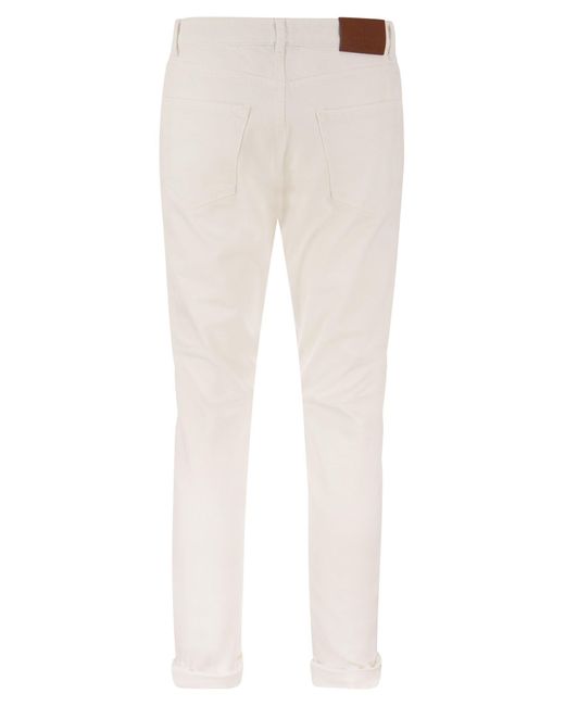 Brunello Cucinelli White Garment-dyed Traditional Fit Five-pocket Trousers In Slubbed Cotton Denim for men