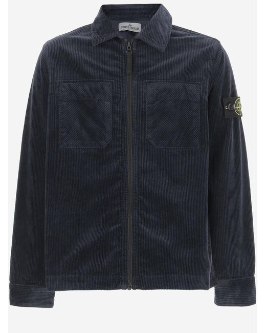 Stone Island Blue Stretch Cotton Blend Velvet Shirt for men