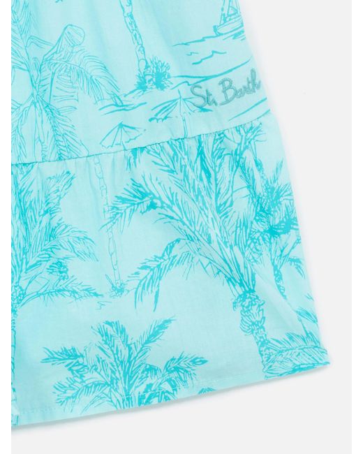 Mc2 Saint Barth Blue Girl Cotton Dress Jemine Jr With Toile De Jouy Print Verde Acqua