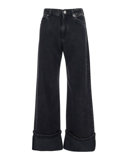 Pinko Blue Wanda Jeans With Logo Plaque On The Loop And Turn-Up Hem