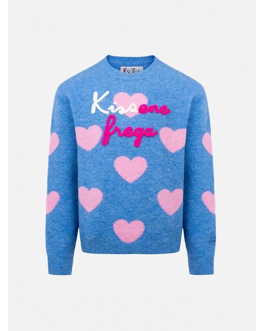 Mc2 Saint Barth Blue Girl Crewneck Sweater Princess With Kissene Frega Embroidery Sky