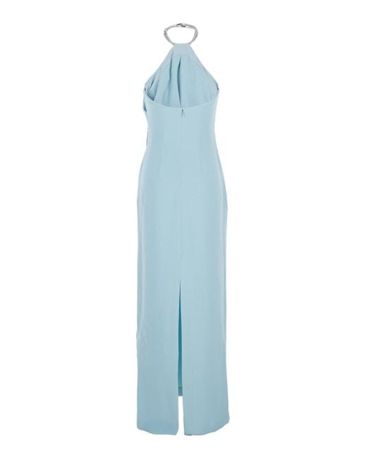 Solace London Blue 'Riva' Light Long Dress With Rhinestone-Embellished Neckline And Drape Details