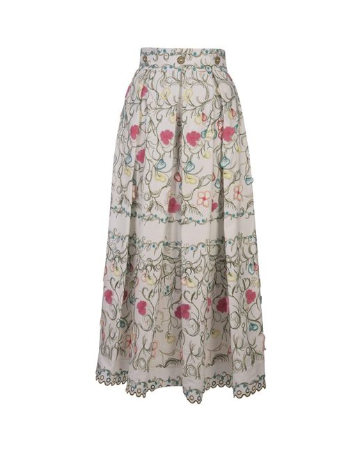 Elie Saab White Cotton Embroidered Garden Long Skirt