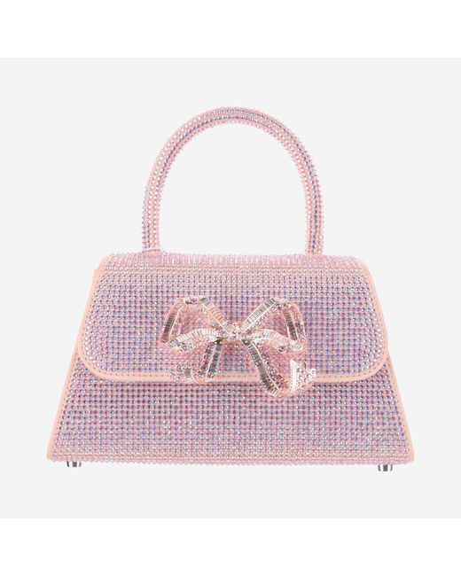 Self-Portrait Pink Satin Bow Handbag With Rhinestones