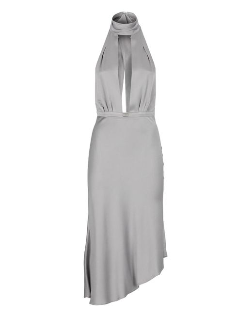 Elisabetta Franchi Gray Satin Dress With Asymmetric Skirt