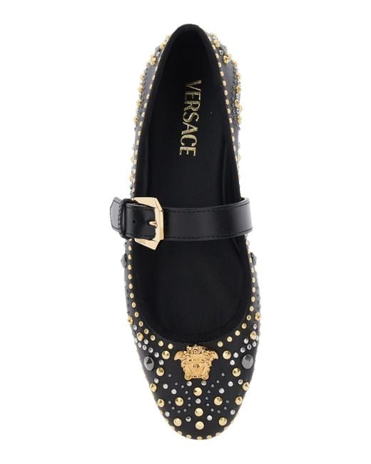 Versace Black Ballerinas With Studs Application And Buckle Closure