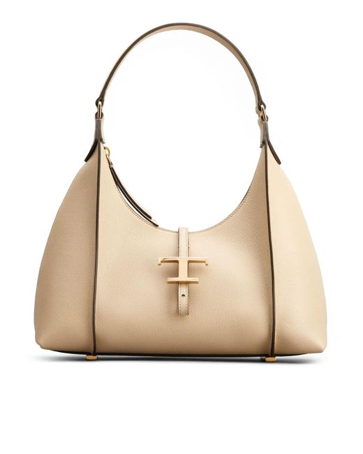 Tod's Natural T Timeless Hobo Bag In Beige Leather, Small