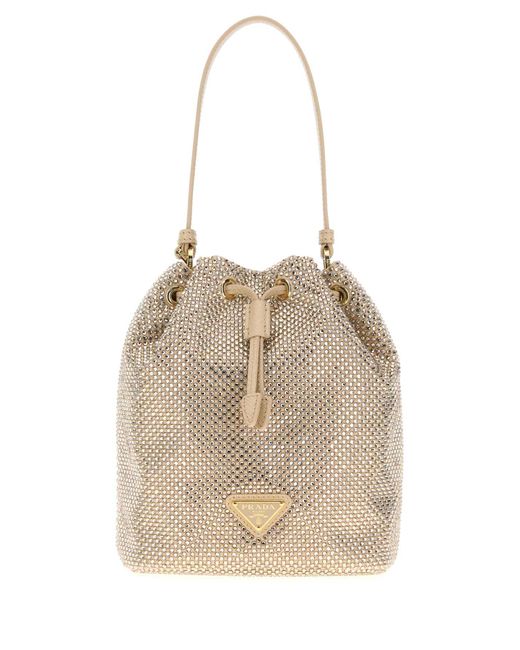 Prada Natural Embellished Satin Bucket Bag