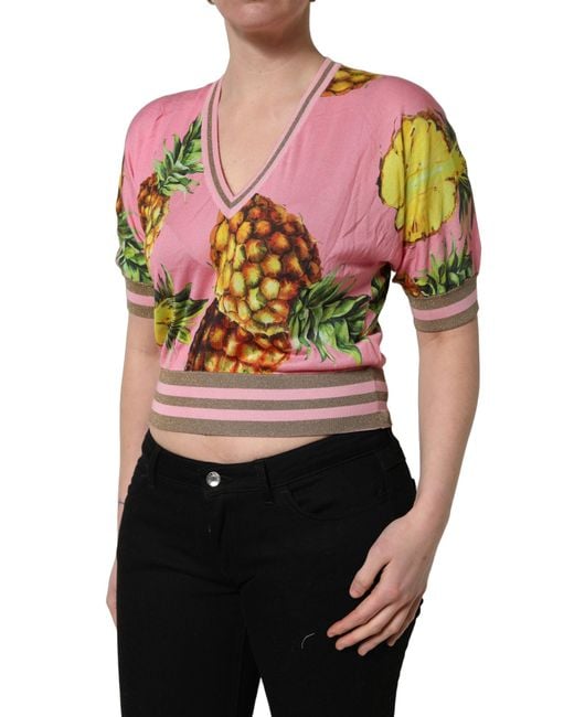 Dolce & Gabbana Black Pink Pineapple Vneck Short Sleeve Cropped Top