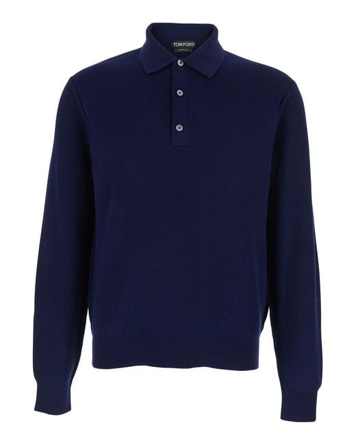 Tom Ford Blue Polo Shirt With Classic Collar And Front Button Closure for men