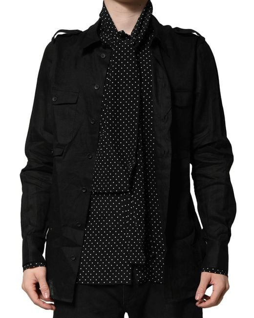 Dolce & Gabbana Black Polka Dot Collar Tie Neck Casual Shirt for men