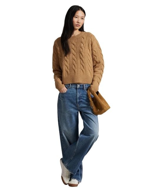 Polo Ralph Lauren Natural Camel Cable-Knit Wool And Cashmere Crewneck Sweater With Pony Embroidery