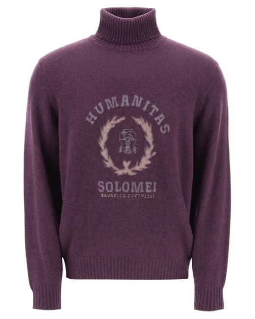 Brunello Cucinelli Purple Cashmere Turtleneck With Punch Needle Embroidery for men