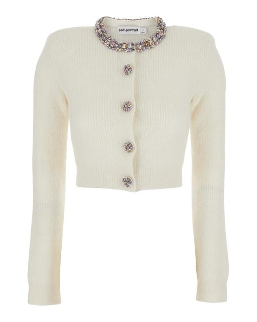 Self-Portrait White Whirw Cropped Crewneck Cardigan With Crystal Embellishments On Collar And Buttons