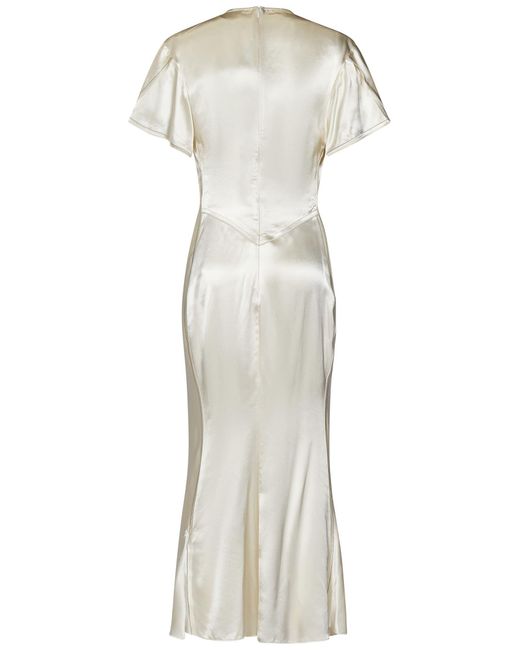 Victoria Beckham White Gathered V-Neck Midi Dress Midi Dress