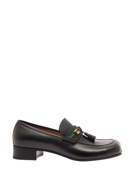 Gucci Gray Black Loafers With Interlocking G And Tassels In Smooth Leather for men