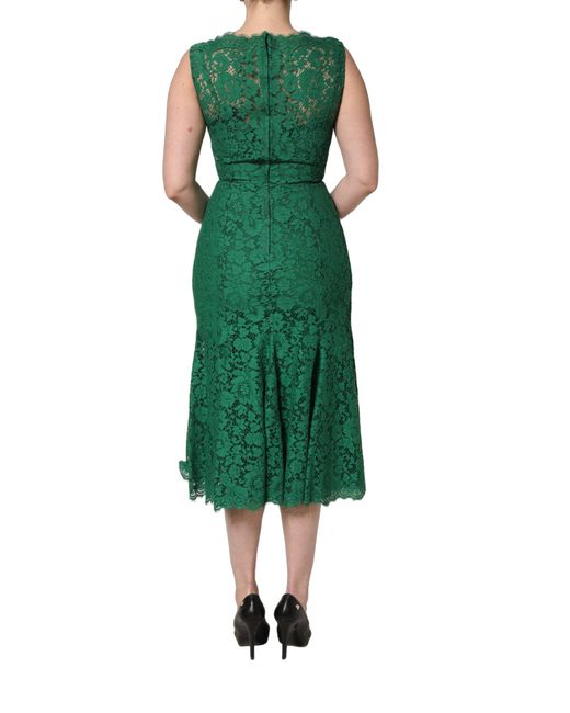 Dolce & Gabbana Green Floral Lace Cotton Sleeveless Midi Dress
