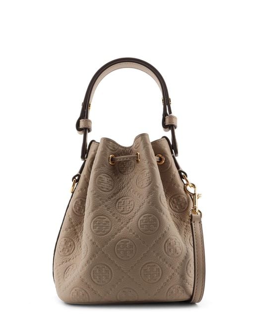 Tory Burch Natural T Monogram Pebble Mini Leather Bucket Bag